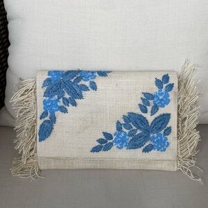 Embroidered Fringe Clutch with Blue Floral Design ROLLER RABBIT - VGUC